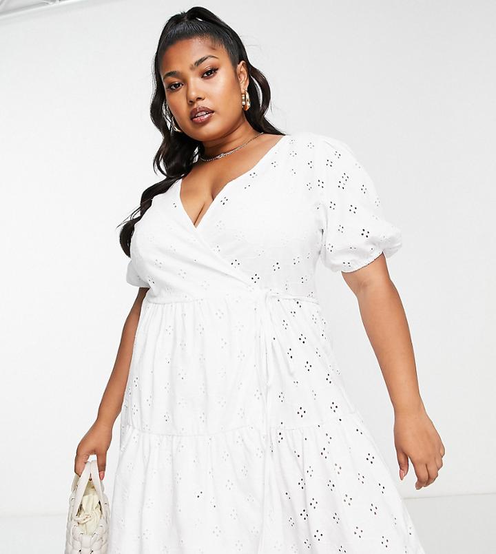 Asos Design Curve Broderie Mini Wrap Dress In White