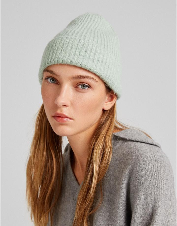 Bershka Chunky Yarn Beanie Hat In Sage Green