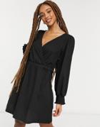 New Look Shirred Cuff Crinkle Mini Dress In Black