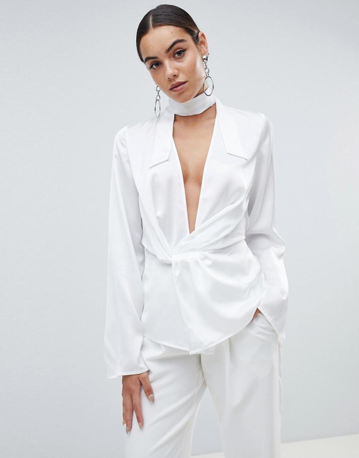 Missguided Plunge Satin Blouse - White