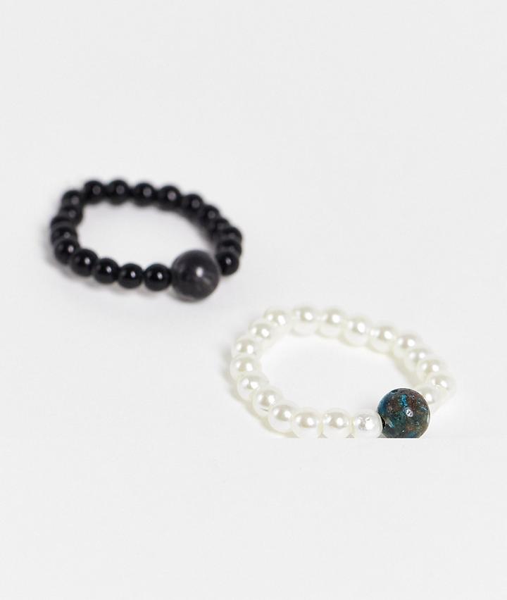 Asos Design 2 Pack Beaded Ring Set In Black And White-multi