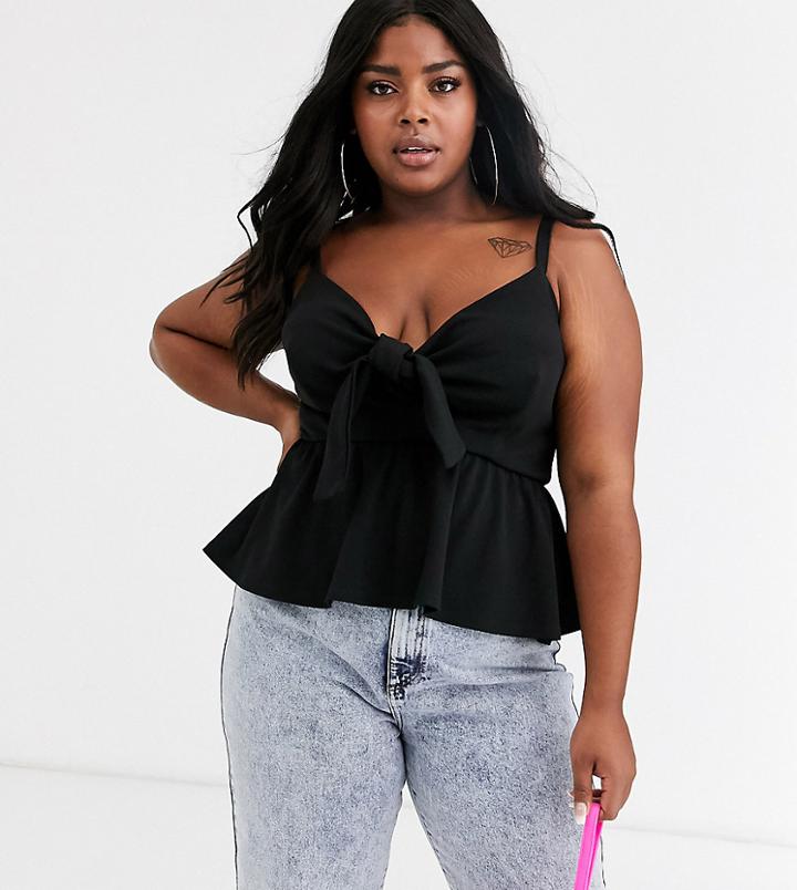 Koco & K Plus Knot Front Cami Swing Top In Black - Black