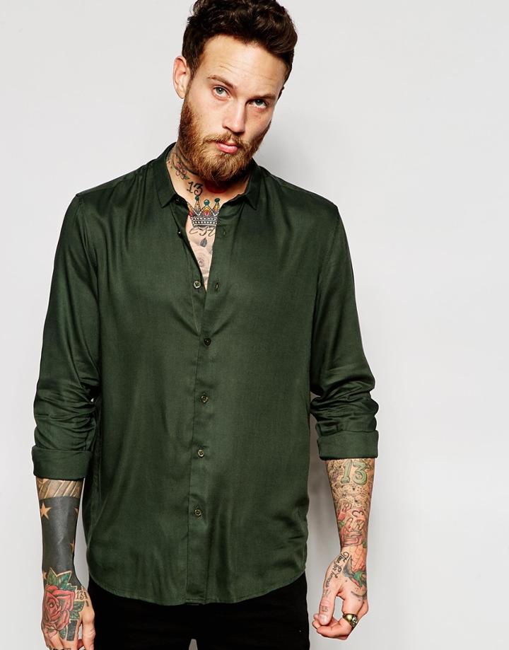 Asos Viscose Shirt With Mini Collar In Khaki - Khaki