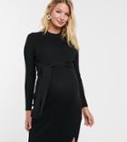 New Look Maternity Tie Waist Rib Midi Dress In Black