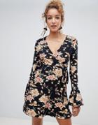 Qed London Floral Wrap Dress With Flare Sleeve - Black