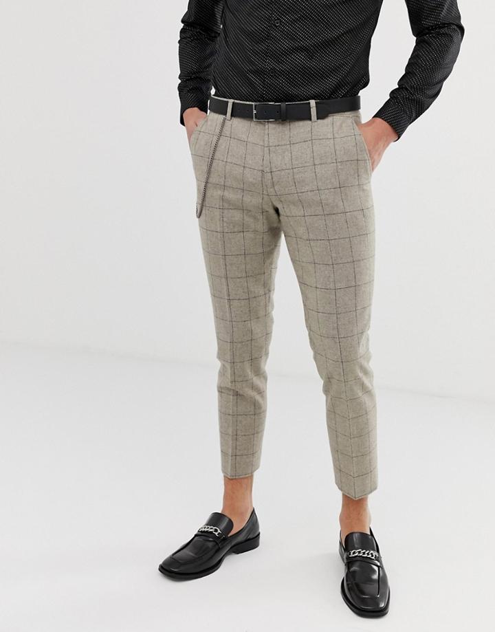 Twisted Tailor Cropped Tapered Pants In Stone Check With Chain - Stone