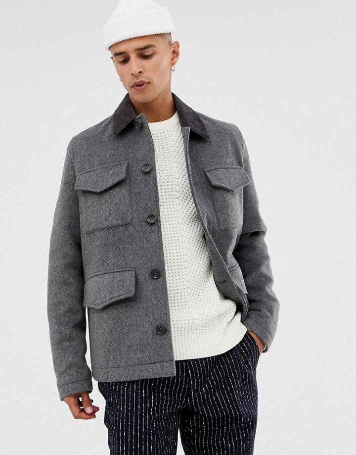 Asos Design Wool Mix Field Jacket With Cord Collar In Charcoal-gray