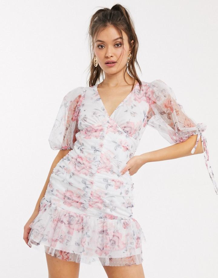 Asos Design Ruched Dobby Bodycon Mini Dress With Pep Hem In Floral Print-multi