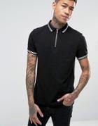 Asos Zip Neck Tipping Collar And Cuff Pique Polo Shirt - Black