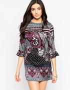 Madam Rage Printed Shift Dress With Frill Sleeves - Multi