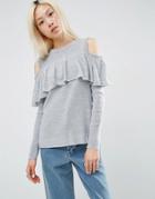 Asos Fine Sweater With Ruffle Cold Shoulder - Pale Gray Marl