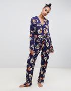 Asos Design Oversized Sketched Floral Print Traditional 100% Modal Pants Set - Navy