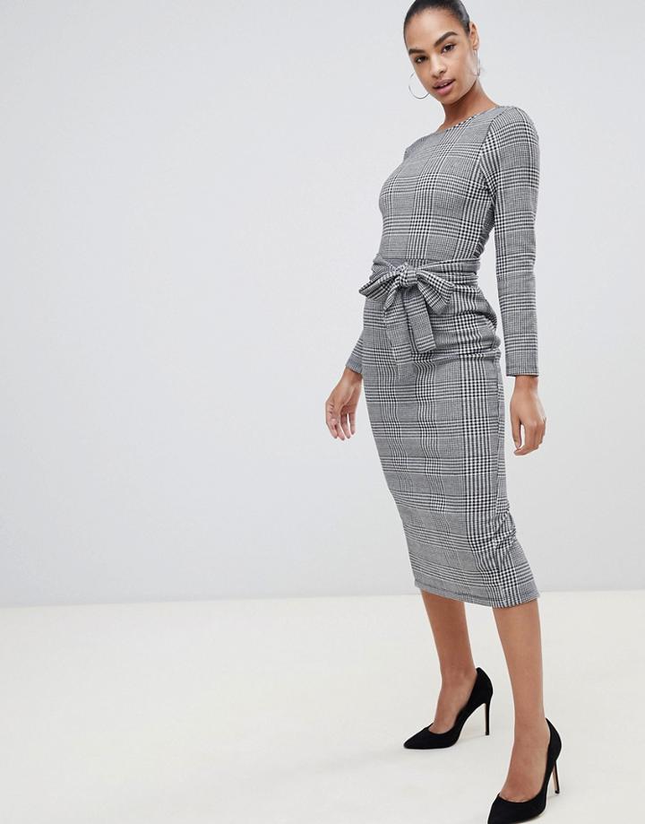 Asos Design Check Midi Dress With Self Wrap Belt-multi