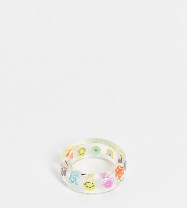 Asos Design Curve Plastic Ring With Trapped Kitsch Charms In Clear
