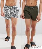 Asos Swim Shorts In Monochrome Print With Neon Drawcord Short Length 2 Pack Save - Multi
