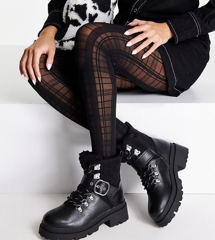 Asos Design Wide Fit Applaud Shearling Lined Lace Up Boots In Black