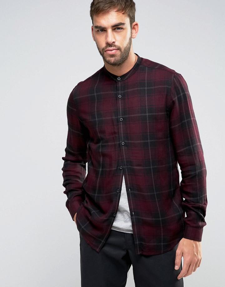 Asos Regular Fit Viscose Check Shirt With Grandad Collar - Red