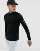 Asos Design Skinny Long Sleeve Polo Shirt With Stretch And Ma1 Pocket In Black