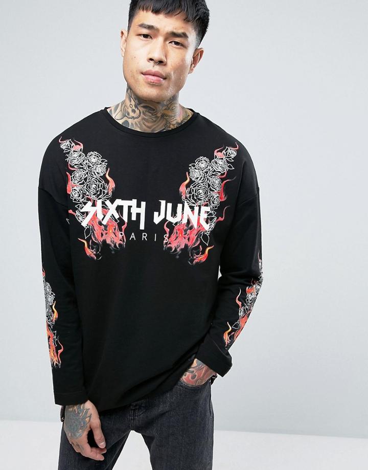Sixth June Long Sleeve T-shirt With Flame Print - Black
