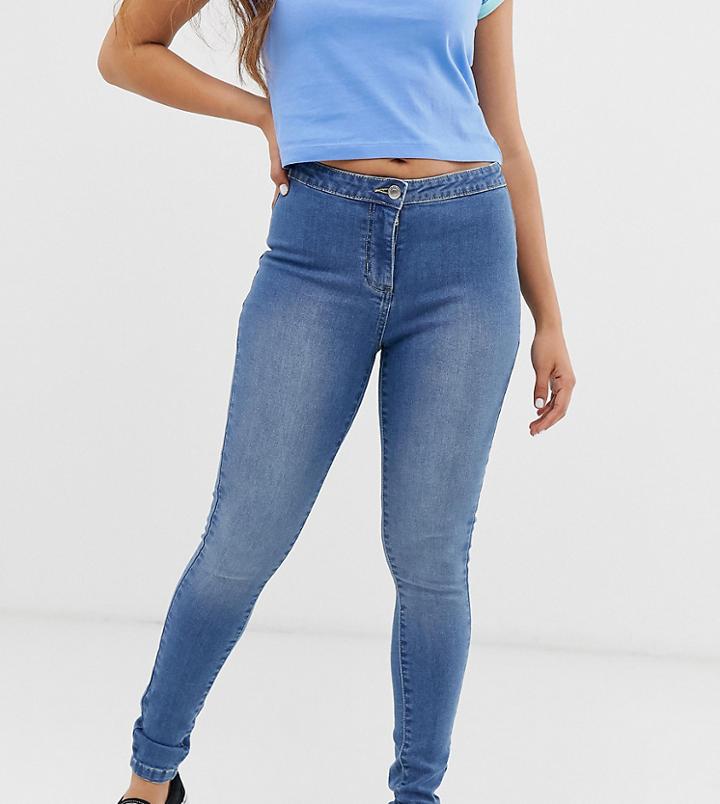 Parisian Petite Skinny High Waist Jeggings In Mid Wash - Blue