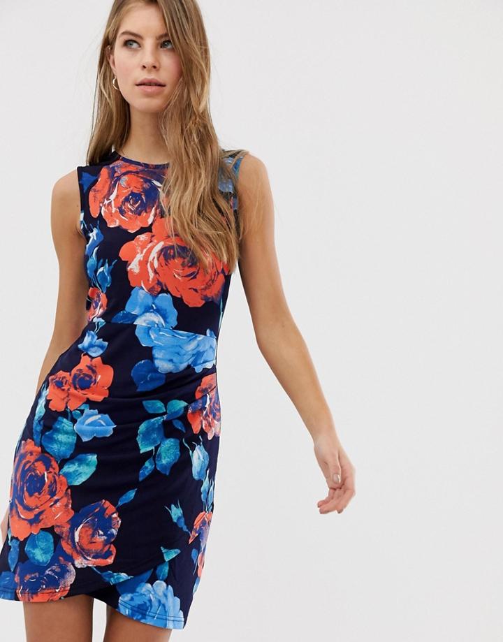 Qed London Sleeveless Floral Bodycon Dress - Navy