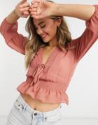 Asos Design Sheer Long Sleeve Top With Shirred Waist In Rose