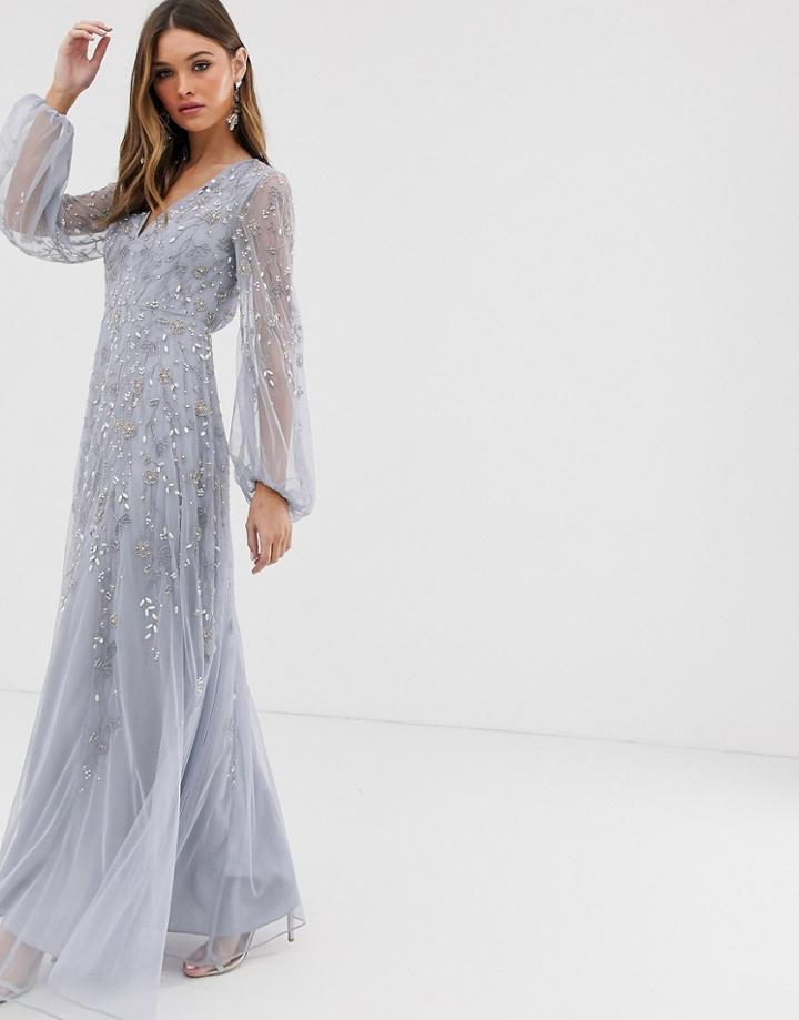 Asos Design Maxi Dress With Blouson Sleeve And Delicate Floral Embellishment - Purple