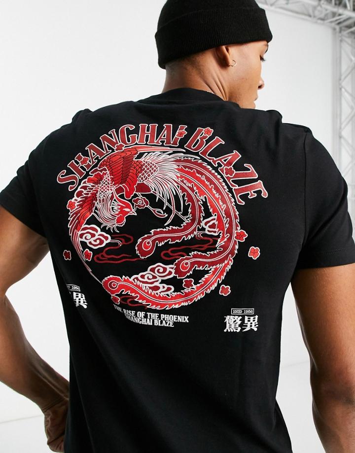 Asos Design T-shirt In Black Organic Cotton With Dragon Back Print In Red