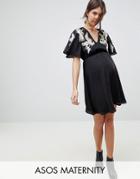 Asos Maternity Bird Embroidered Flutter Sleeve Mini Dress - Black