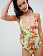 Asos Design Wrap Round Swimsuit In Tropical Fruit Print - Multi