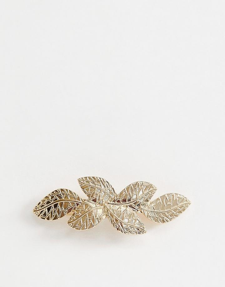 Asos Design Barette Hair Clip In Leaf Detail In Gold