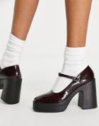 Asos Design Penny Platform Mary Jane Heeled Shoes In Burgundy-red