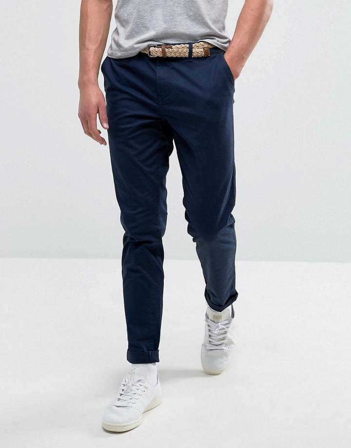 Pull & Bear Slim Chinos In Navy With Belt - Navy
