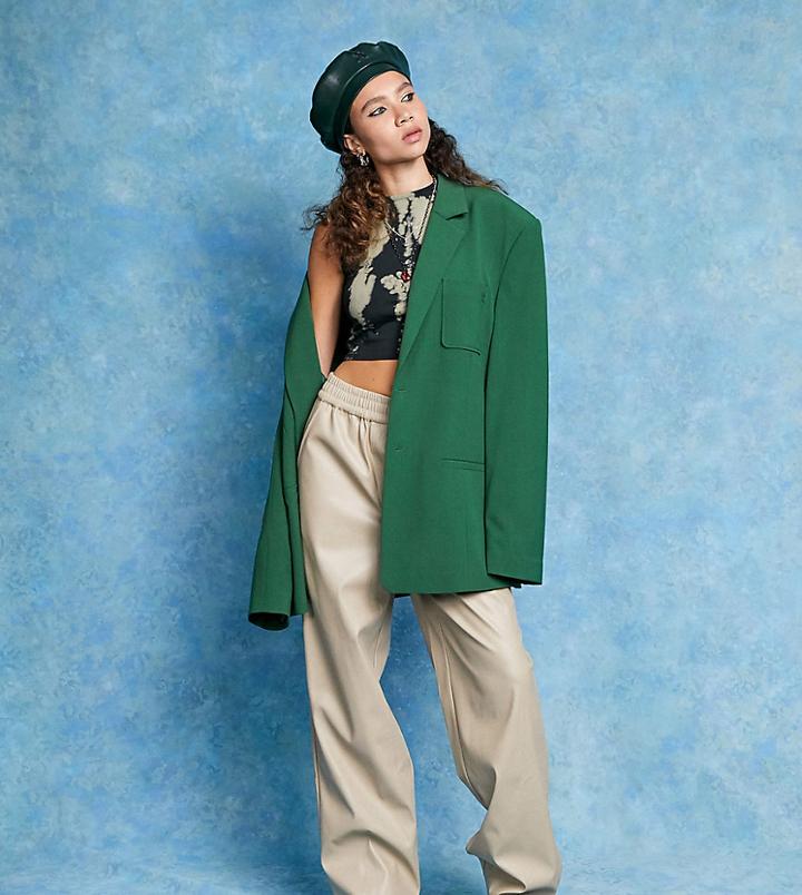 Collusion Faux Leather Wide Leg Pants With Boxer Waistband In Ecru-white