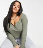Asos Design Curve Top With Notch Neck In Waffle With Long Sleeve In Khaki-green