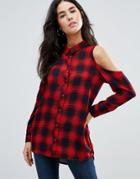 Influence Checked Cold Shoulder Shirt - Red