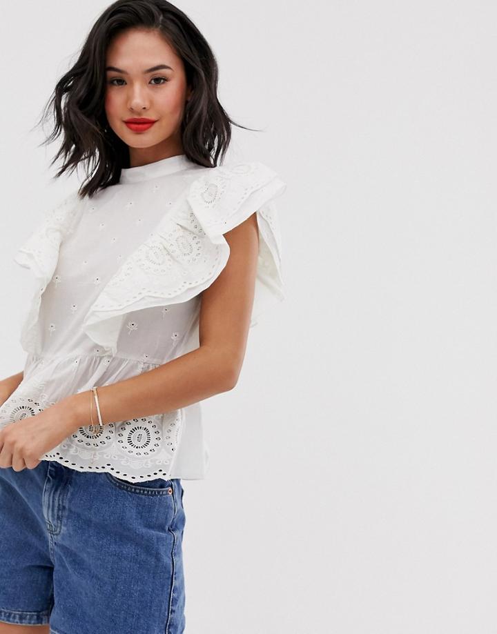 Asos Design Ruffle Sleeve Broderie Top-cream