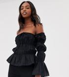 Collusion Tall Ruched Tie Front Off The Shoulder Top - Black
