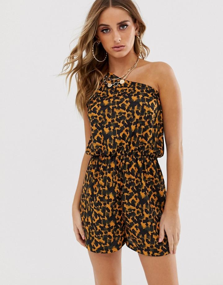 Asos Design One Shoulder Jersey Beach Romper In Tortoise Shell Print - Multi
