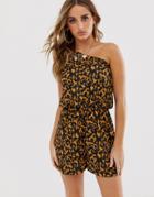 Asos Design One Shoulder Jersey Beach Romper In Tortoise Shell Print - Multi