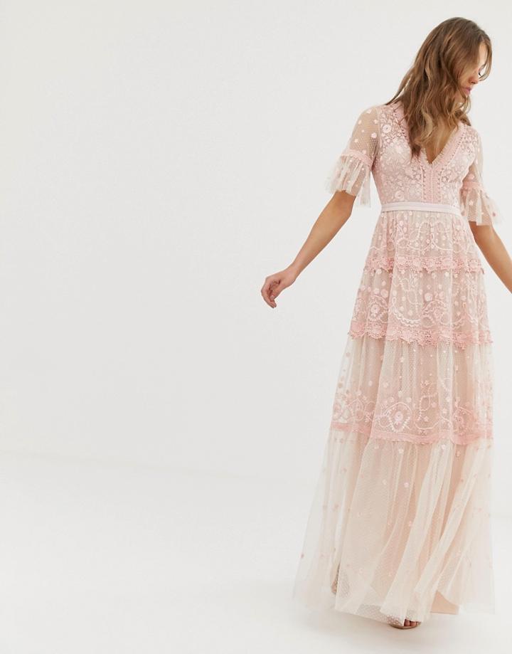 Needle & Thread Embroidered Maxi Dress With Flutter Sleeve In Rose - Pink