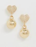 Asos Design Earrings With Heart Stud And Ball Drop In Gold Tone - Gold