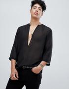 Asos Design Longline Regular Fit Sheer Shirt With Deep V Neck In Black - Black
