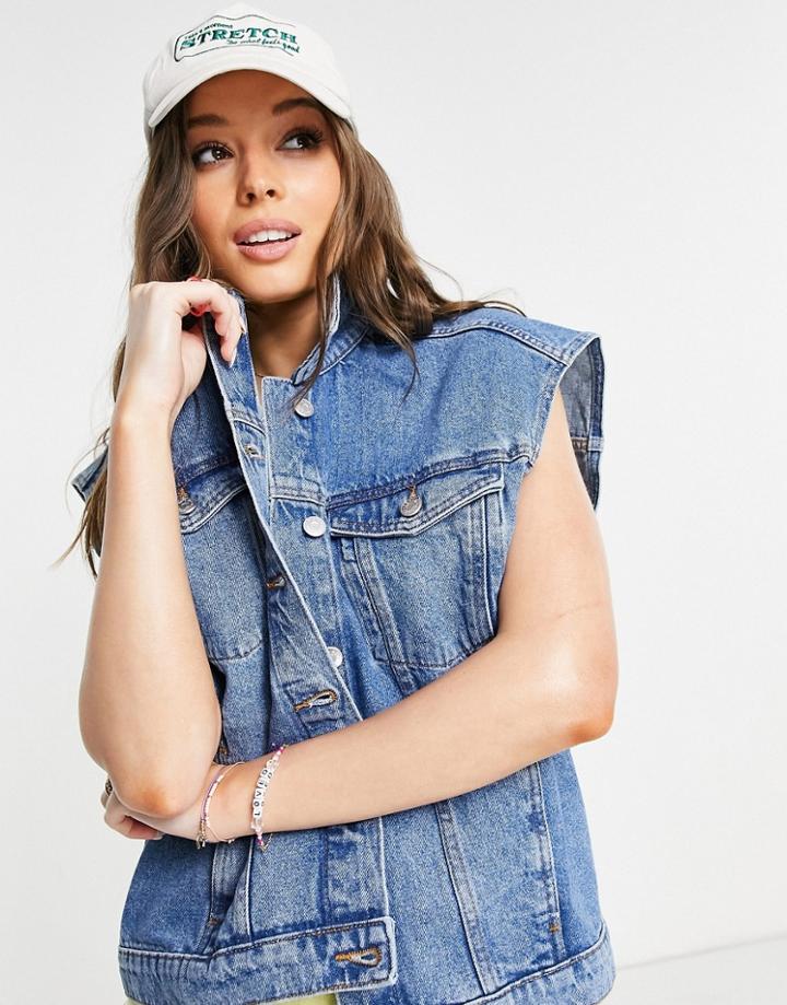 Monki Rita Organic Cotton Sleeveless Denim Jacket In Mid Wash Blue-blues