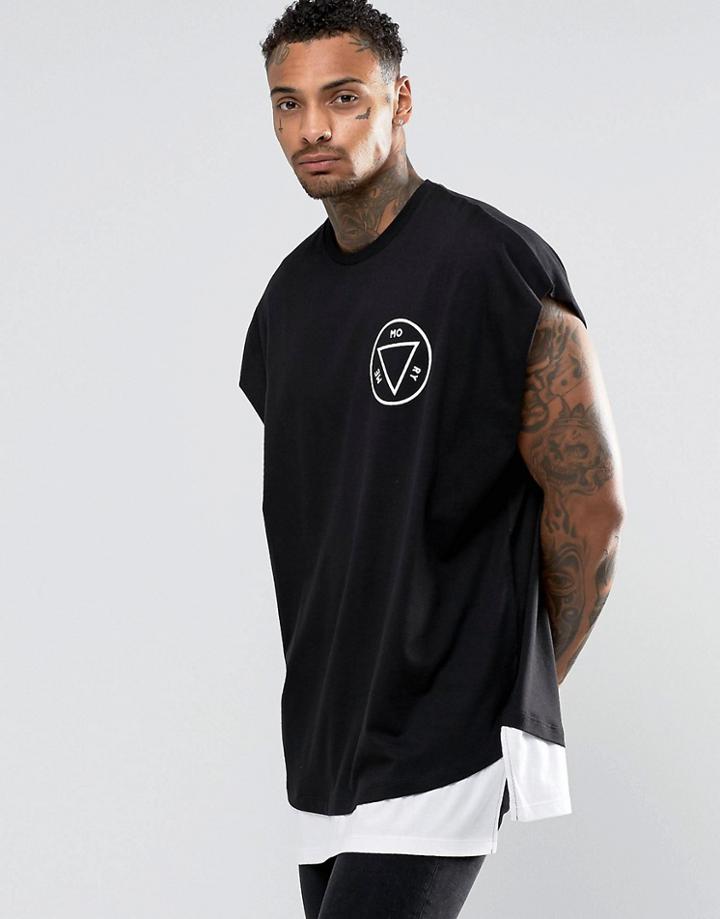 Asos Super Oversized T-shirt With Mmxvi Spine Print And Contrast Hem - Black