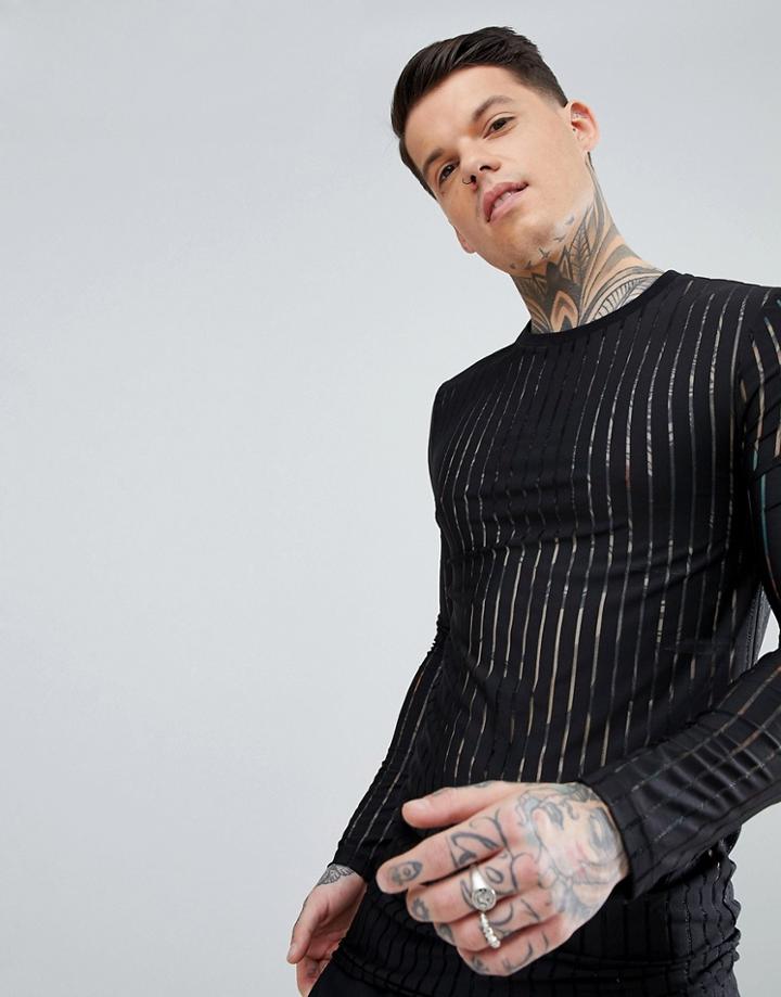 Asos Longline Muscle Long Sleeve T-shirt In Sheer Mesh Rib - Black