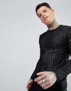 Asos Longline Muscle Long Sleeve T-shirt In Sheer Mesh Rib - Black