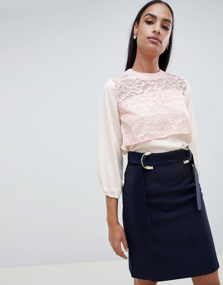 Vesper 3/4 Sleeve Top With Lace Panel - Cream