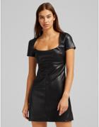Bershka Square Neck Faux Leather Mini Dress In Black