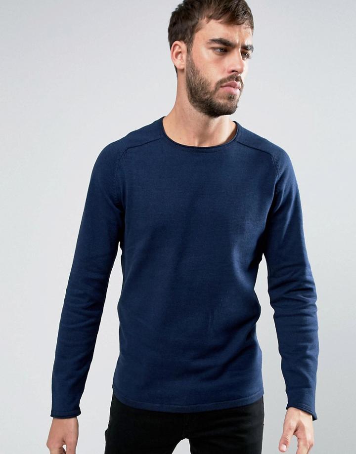 Lindbergh Crew Stripe Sweater Logo Raglan Knit In Blue - Blue